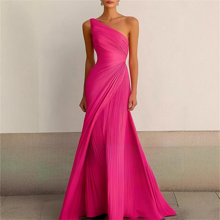 Elegant Bridesmaid Dress One Shoulder Evening Dress Long Pleated Formal Gown for Prom Party