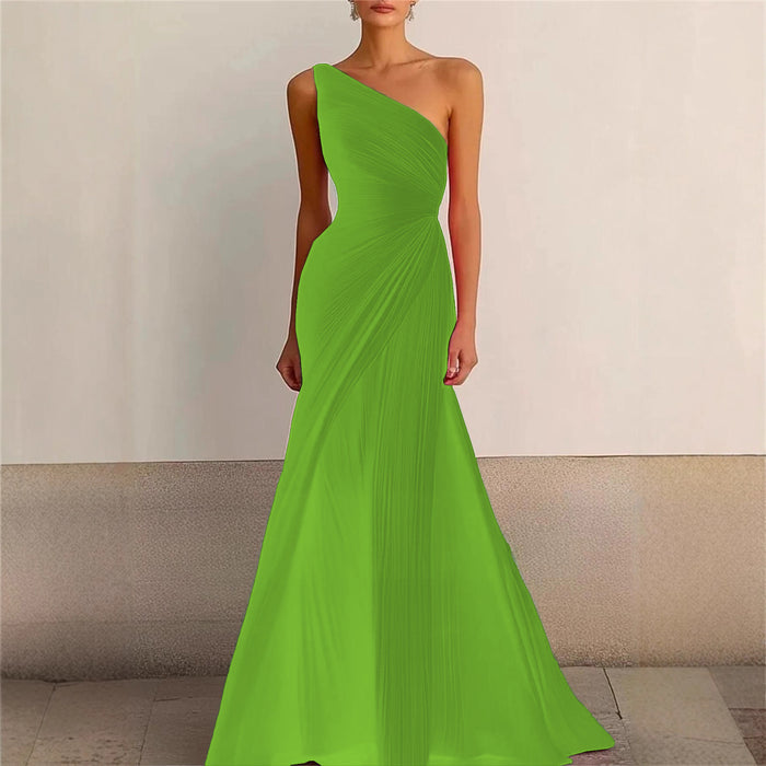 Elegant Bridesmaid Dress One Shoulder Evening Dress Long Pleated Formal Gown for Prom Party