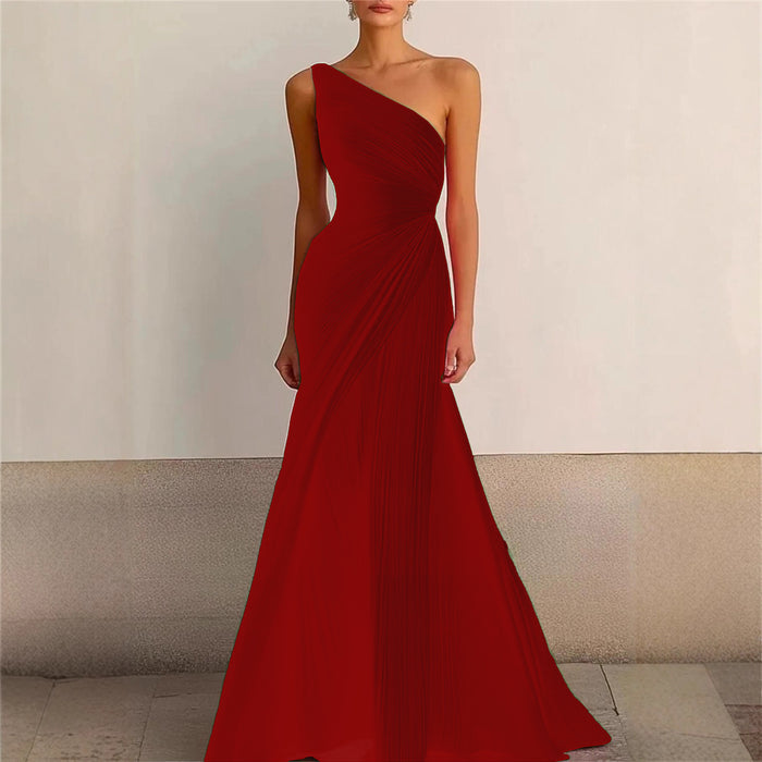 Elegant Bridesmaid Dress One Shoulder Evening Dress Long Pleated Formal Gown for Prom Party