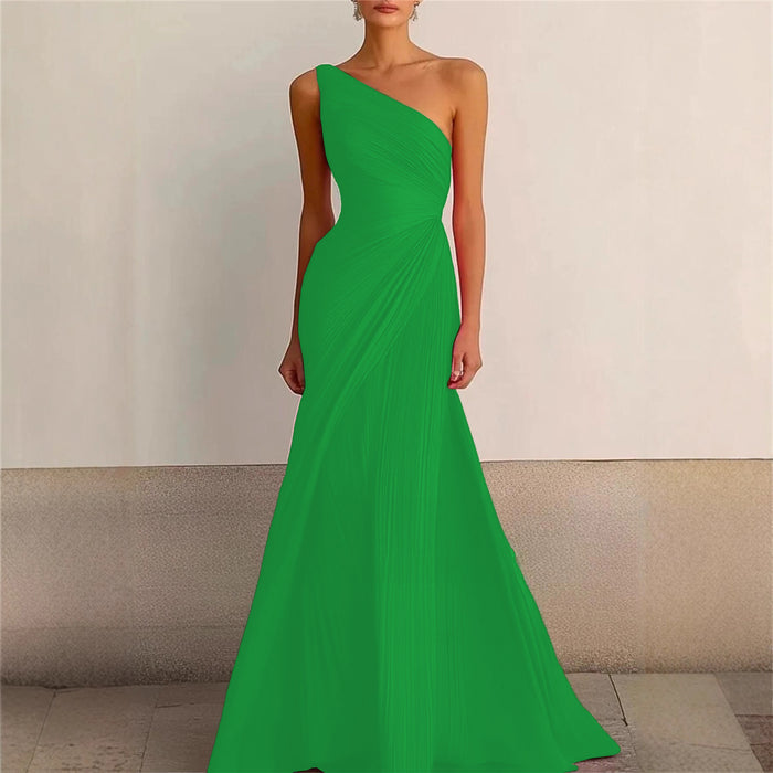 Elegant Bridesmaid Dress One Shoulder Evening Dress Long Pleated Formal Gown for Prom Party