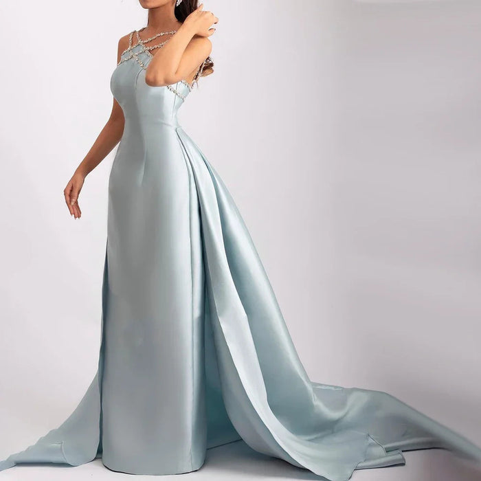 Elegant Light Blue Satin Gown with Rhinestone Embellished Cross Strap Neckline and Flowing Train