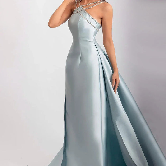Elegant Light Blue Satin Gown with Rhinestone Embellished Cross Strap Neckline and Flowing Train