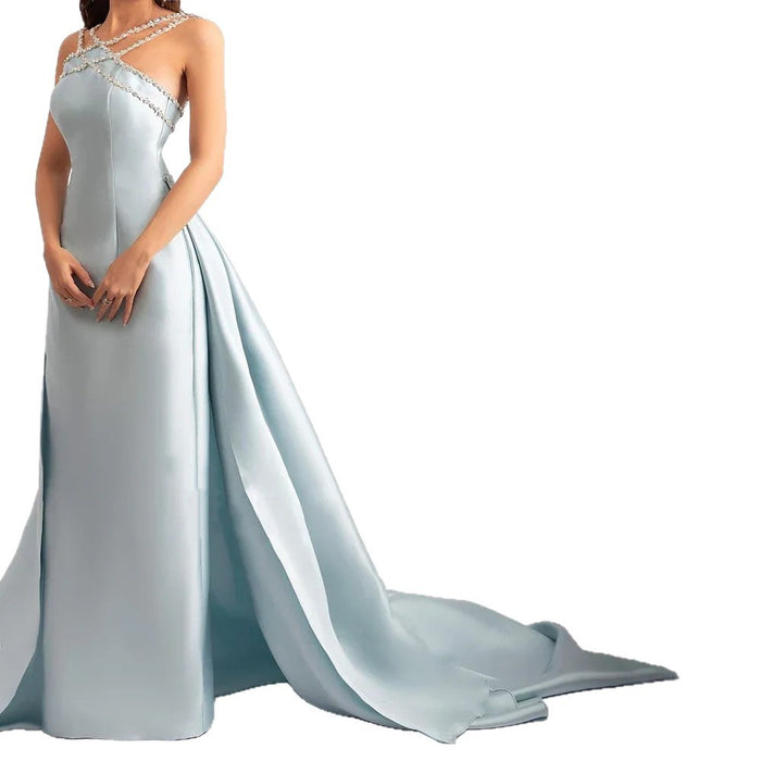 Elegant Light Blue Satin Gown with Rhinestone Embellished Cross Strap Neckline and Flowing Train