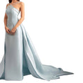 Elegant Light Blue Satin Gown with Rhinestone Embellished Cross Strap Neckline and Flowing Train