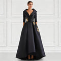 Elegant Satin Evening Gown | V-Neck 3/4 Sleeve Formal Gown with Gold Appliqu