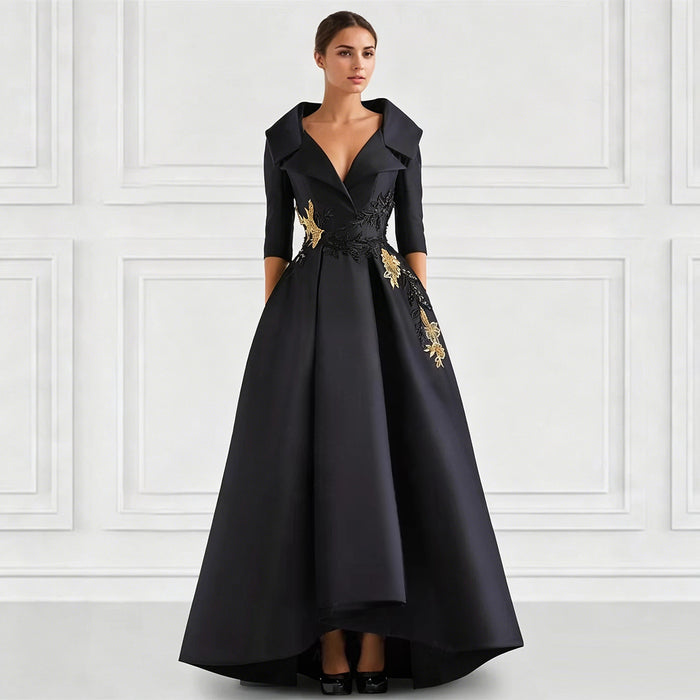 Elegant Satin Evening Gown | V-Neck 3/4 Sleeve Formal Gown with Gold Appliqu