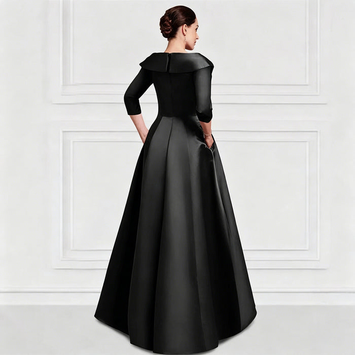 Elegant Satin Evening Gown | V-Neck 3/4 Sleeve Formal Gown with Gold Appliqu