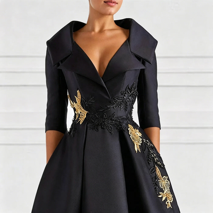 Elegant Satin Evening Gown | V-Neck 3/4 Sleeve Formal Gown with Gold Appliqu