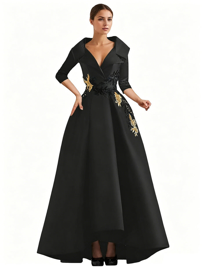 Elegant Satin Evening Gown | V-Neck 3/4 Sleeve Formal Gown with Gold Appliqu