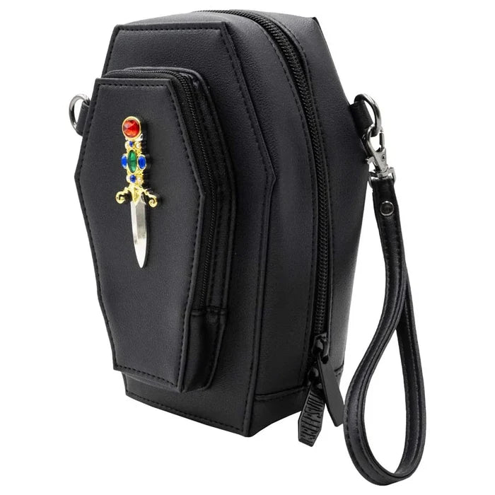 side of bag on display with white background