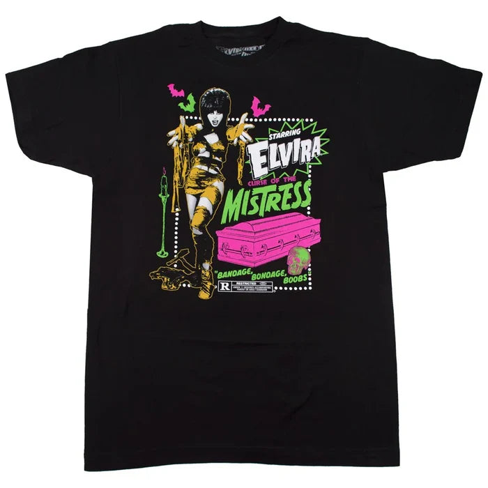 Black t-shirt with colorful graphic design featuring 'Elvira, Curse of the Mistress' on a white background.