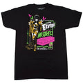 Black t-shirt with colorful graphic design featuring 'Elvira, Curse of the Mistress' on a white background.