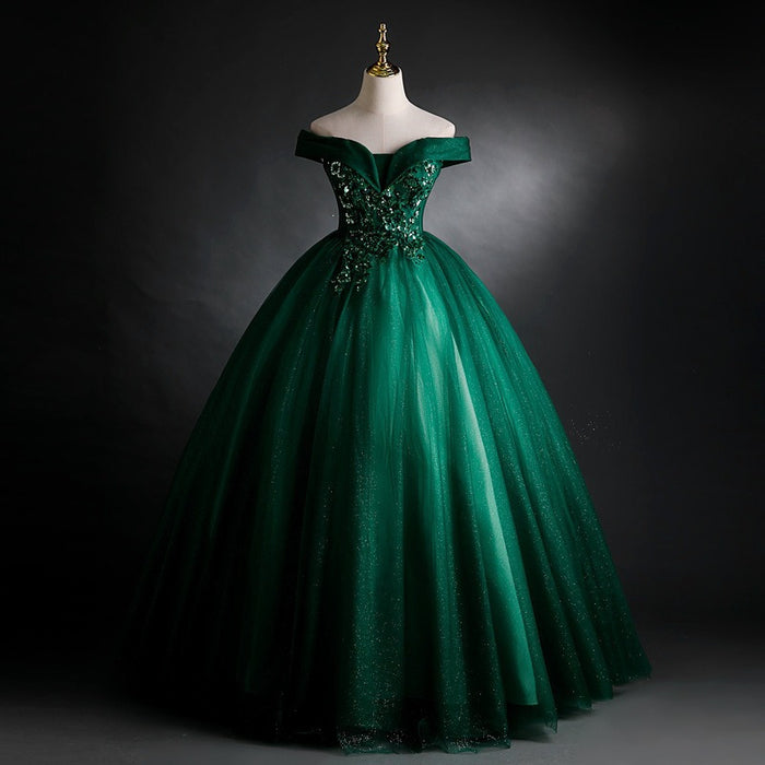 Emerald Green Prom Dress | Off Shoulder Glitter Ball Gown | Formal Evening Gown for Women
