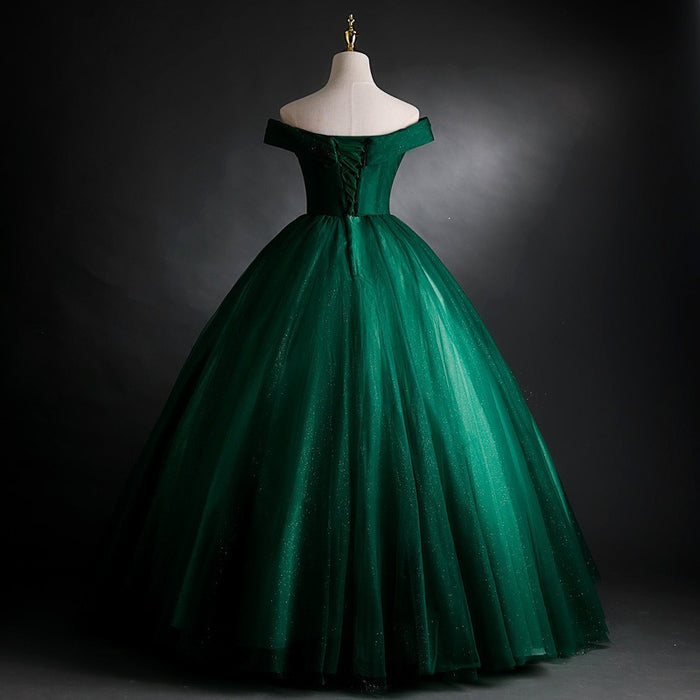 Emerald Green Prom Dress | Off Shoulder Glitter Ball Gown | Formal Evening Gown for Women