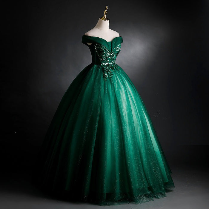Emerald Green Prom Dress | Off Shoulder Glitter Ball Gown | Formal Evening Gown for Women