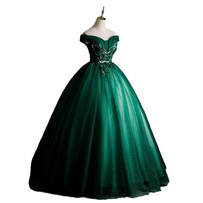 Emerald Green Prom Dress | Off Shoulder Glitter Ball Gown | Formal Evening Gown for Women