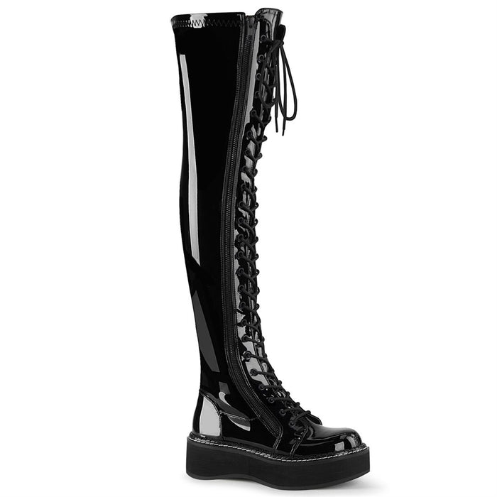 outer side view of black patent vinyl 2" platform Straight thigh-high lace-up boot with outer metal zipper