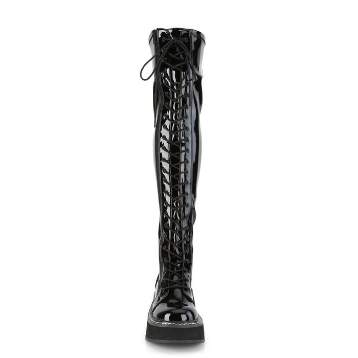 front side view of black patent vinyl 2" platform Straight thigh-high lace-up boot with outer metal zipper