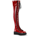 outer side view of red patent vinyl 2" platform Straight thigh-high lace-up boot with outer metal zipper