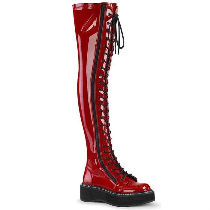 outer side view of red patent vinyl 2" platform Straight thigh-high lace-up boot with outer metal zipper