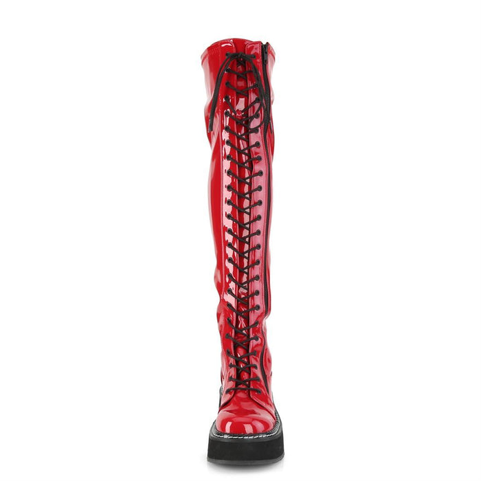 front side view of red patent vinyl 2" platform Straight thigh-high lace-up boot with outer metal zipper