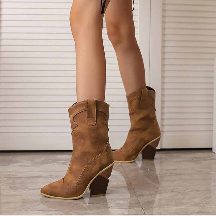 Stylish brown SD-HK fashion wedge boots for women with a trendy design and block heels