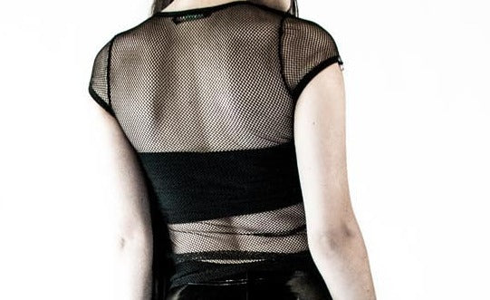 model showing back of shirt
