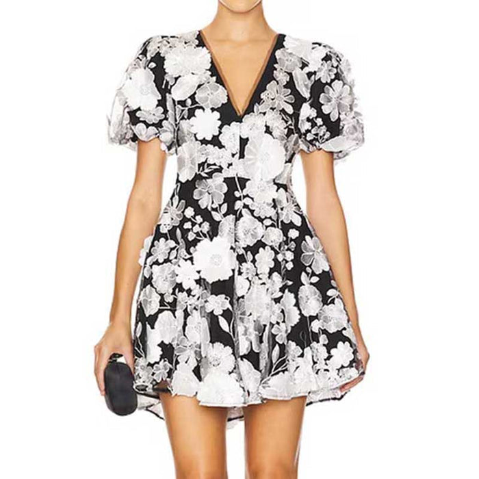 Floral Embroidered Puff Sleeve Mini Dress