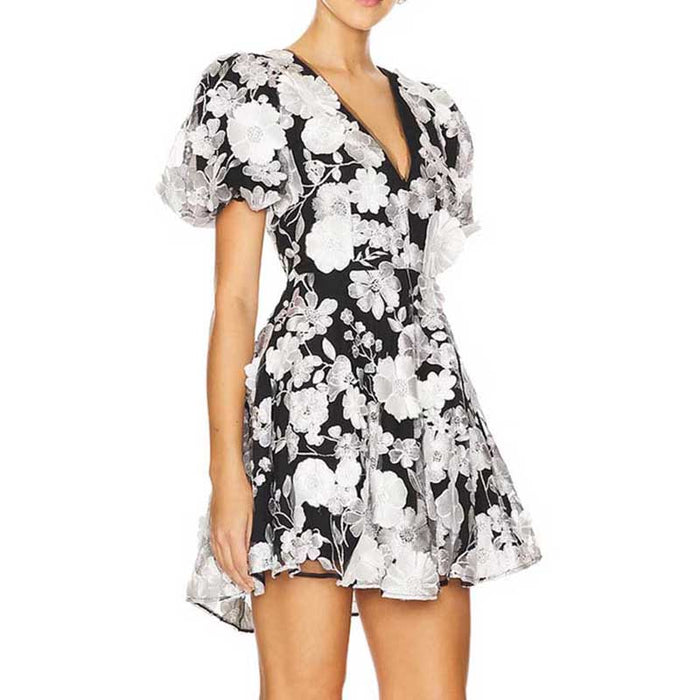 Floral Embroidered Puff Sleeve Mini Dress