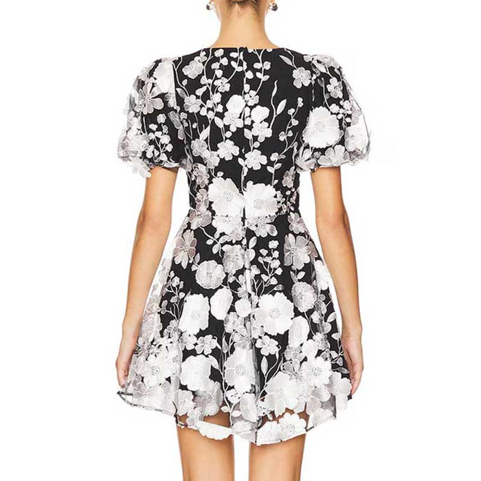 Floral Embroidered Puff Sleeve Mini Dress