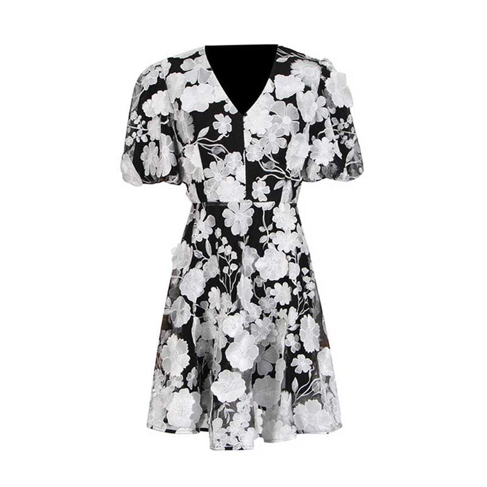 Floral Embroidered Puff Sleeve Mini Dress