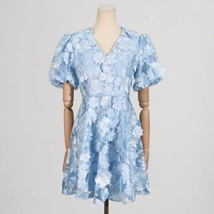 Floral Embroidered Puff Sleeve Mini Dress