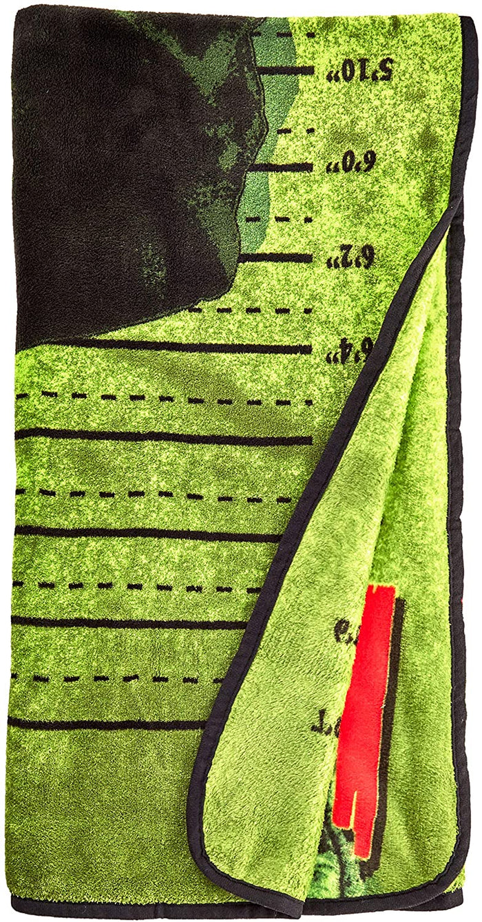 Micro plush fleece throw blanket features the iconic Frankenstein in a mug shot with green background; mirror image on back. Durable stitched-finished edge.