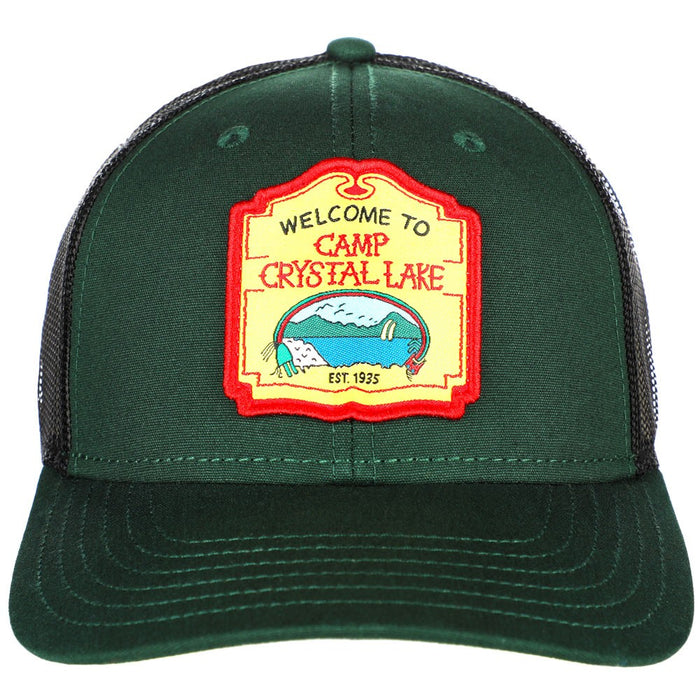 green hat with "welcome to camp crystal lake" patch on front center