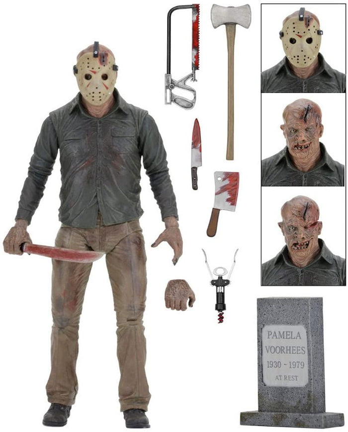 Based on Jason Voorhees from the 1984 film Friday the 13th: The Final Chapter. Figure comes with 2 masks, 2 interchangeable head sculpts, knife, corkscrew, tombstone, hacksaw, cleaver, machete and axe. Machete can slide into Jason's head.  Action figure is in a window friendly box perfect for collectors.