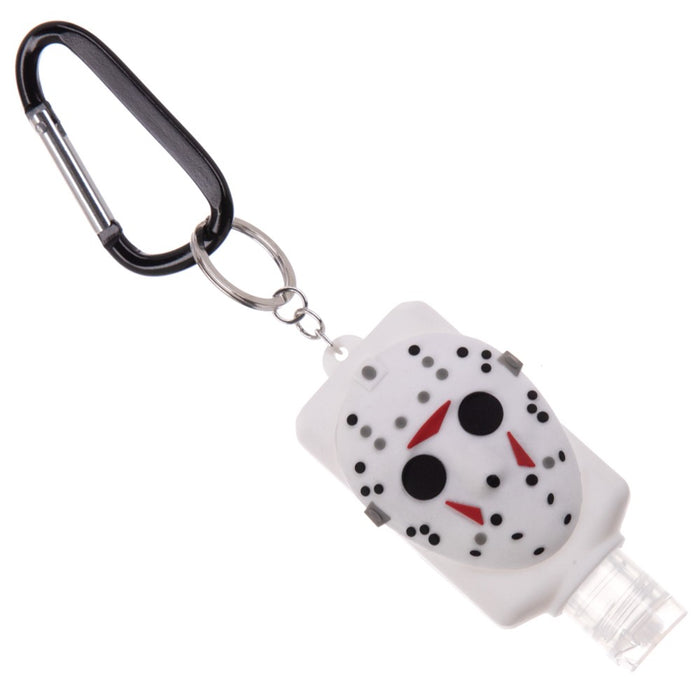 rubber jason voorhees hockey mask hand sanitizer holder. empty bottle included. bottle holder has carabiner