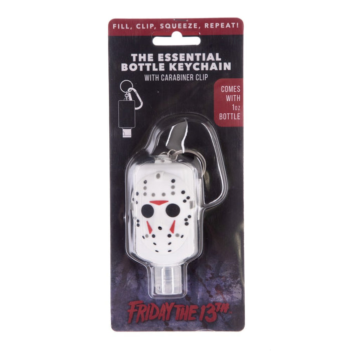 rubber jason voorhees hockey mask hand sanitizer holder. empty bottle included. bottle holder has carabiner