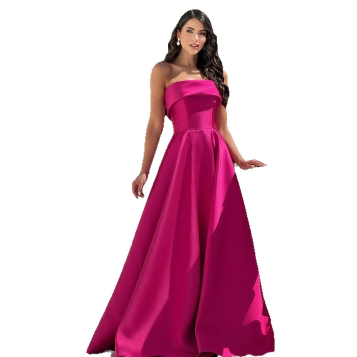 Fuchsia Pink Satin Strapless Maxi Dress | Elegant Formal Evening Gown