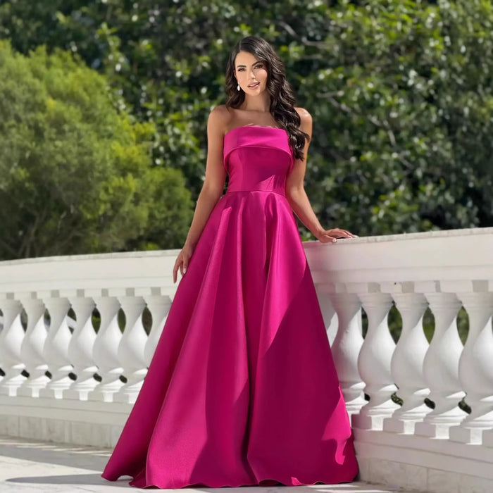 Fuchsia Pink Satin Strapless Maxi Dress | Elegant Formal Evening Gown