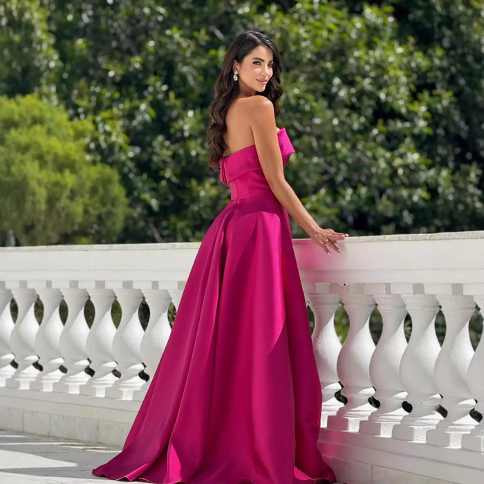 Fuchsia Pink Satin Strapless Maxi Dress | Elegant Formal Evening Gown