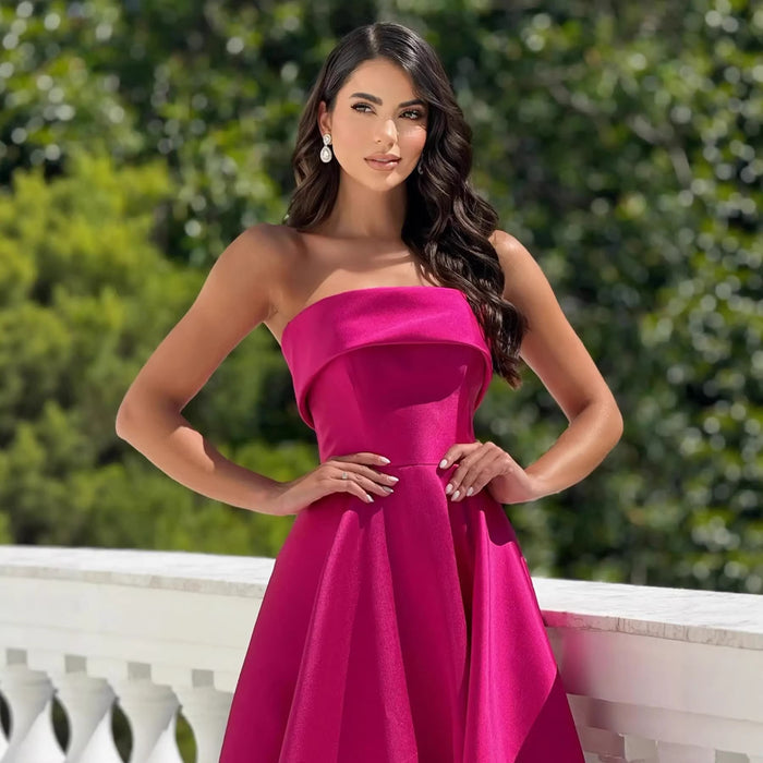 Fuchsia Pink Satin Strapless Maxi Dress | Elegant Formal Evening Gown
