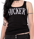 Model wearing a black tank top with 'FUCKER' printed on it against a white background