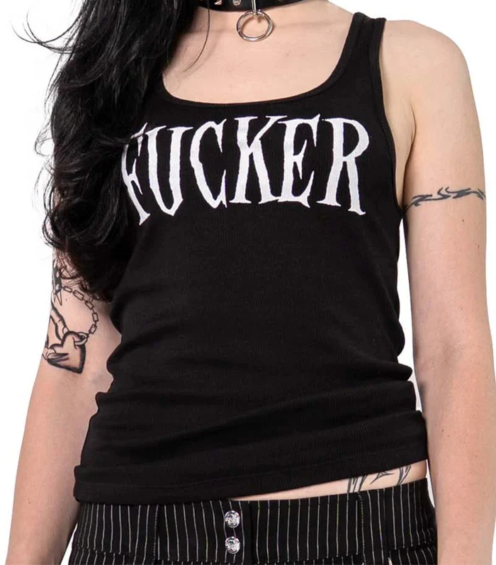 Model wearing a black tank top with 'FUCKER' printed on it against a white background