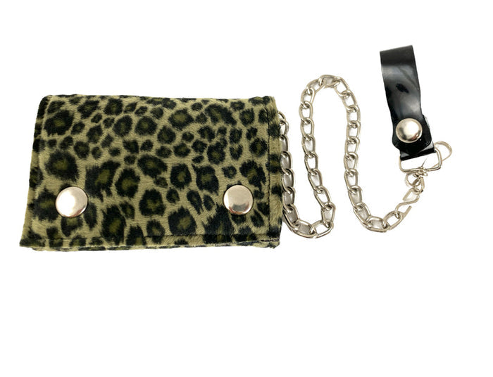Leopard print wallet with chain on a white background
