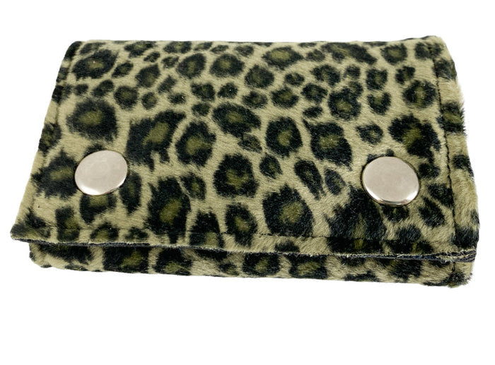 Leopard print wallet with two silver buttons on a white background