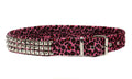 Pink leopard print belt with silver studs and buckle on a white background