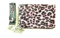 Pink leopard print wallet with green strap and chain on a white background