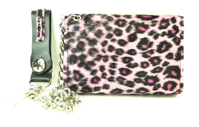 Pink leopard print wallet with green strap and chain on a white background