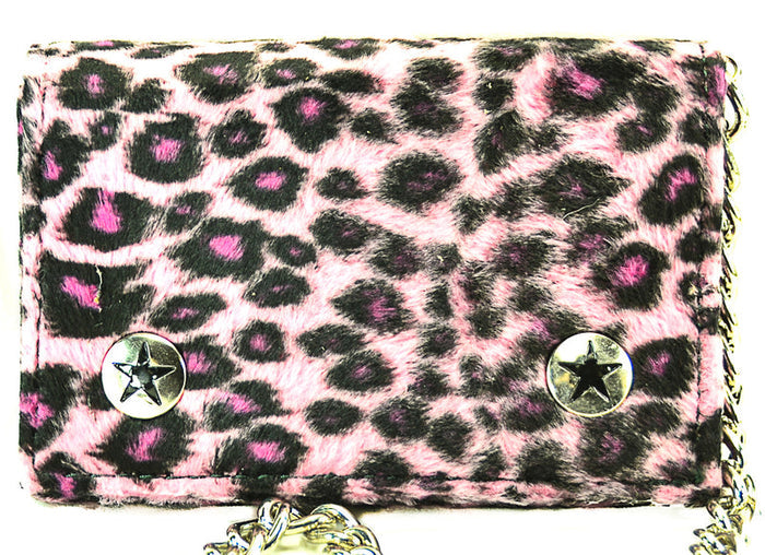 Pink leopard print wallet with star-shaped buttons on a white background