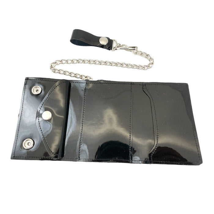 Black leather wallet with chain strap on a white background